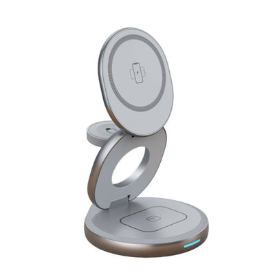 Buen precio Cargador de seguridad magnética plegable de textura metálica con capacidad de Qi Cargador inalámbrico de aleación de zinc habilitado para dispositivos múltiples en línea