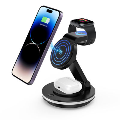 4 en 1 Carga inalámbrica magnética Soporte de teléfonos celulares Qi con diseño de luz colorida ABS y PC