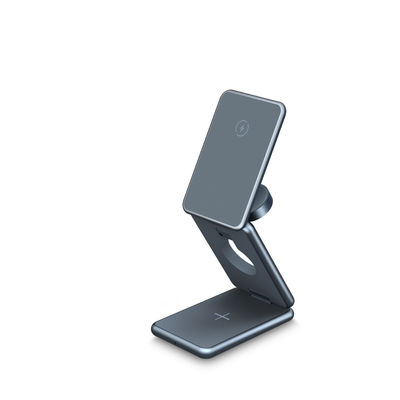 Cuerpo de aleación de aluminio 3 en 1 Todo metal portátil plegable teléfono magnético auriculares Reloj cargador inalámbrico 15w