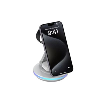 Buen precio Cargador de teléfono inalámbrico de 15W con diseño plegable Cargador de auriculares de 3W en línea