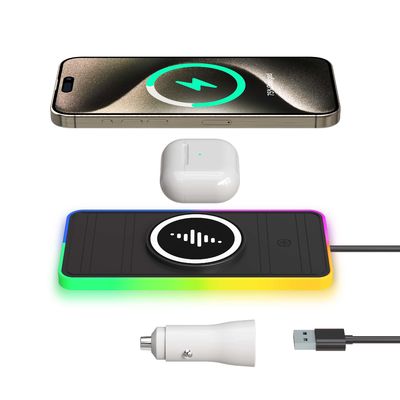2025 A8X de succión magnética 15W / 10W cargador de automóviles con luz ambiental para cargar teléfonos Apple y Samsung