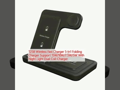 T258 Cargador rápido inalámbrico 5 en 1 soporte de cargador plegable 15W / 10W / 7,5W / 5W con cargador de doble bobina de luz nocturna